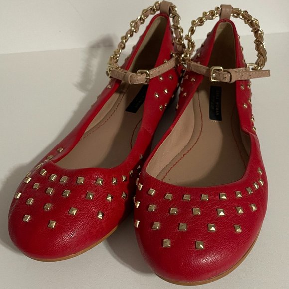 Zara Shoes - ZARA Red & Gold-tone Studded w Leather Chain Ankle Strap Flats Sz 38 / 7.5